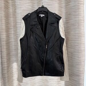 MB Design Womens Faux Leather Cable Knit Sleeve‎ Moto Jacket Black Cream Large